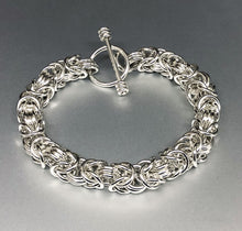 Seaxwolf handmade extra chunky sterling silver Byzantine chain mail bracelet with designer clasp for men and women.