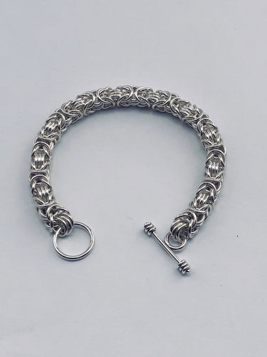 Seaxwolf handmade fine jewelry signature Byzantine III (3) solid sterling silver chain mail bracelet.