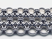 Closer look at seaXwolf handmade fine jewelry signature HexaFleur, solid sterling silver chain mail bracelet based on sacred geometry of the hexagon flower.