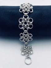 seaXwolf handmade fine jewelry signature HexaFleur Daisy Chain, solid sterling silver chain mail bracelet based on sacred geometry of the hexagon flower.