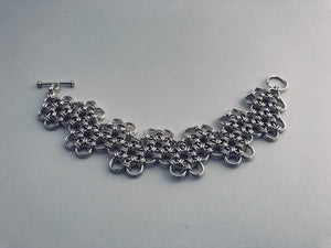seaXwolf handmade fine jewelry HexaFleur Undulating, solid sterling silver chain mail flower bracelet.